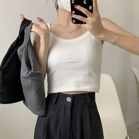 ins辣妹修身小吊带背心女内搭露腰设计感小众外穿洋气带胸垫上衣图片