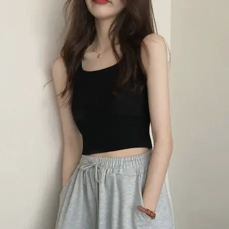 甜辣白色修身外穿工字吊带背心女夏季带胸垫内搭短款无袖运动上衣商品大图