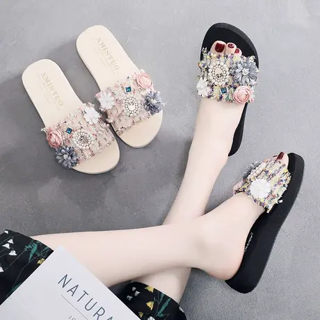 网红凉拖鞋女夏时尚花朵百搭外穿一字拖中跟厚底防滑海边沙滩鞋潮商品大图