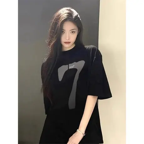 韩版大码胖妹妹短袖T恤女夏季宽松显瘦休闲慵懒风套头上衣2-300斤商品大图