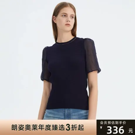 朗姿奥莱夏季圆领简约泡泡袖螺纹女式针织短袖图片