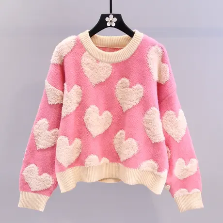 日系小清新爱心套头毛衣女秋冬2023新款宽松慵懒风短款针织衫上衣图片