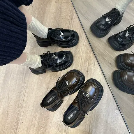 圆头系带乐福鞋女2024年新款复古英伦风粗跟单鞋配裙子厚底小皮鞋商品大图