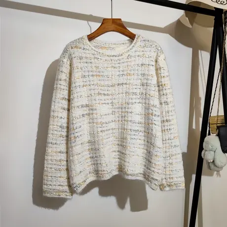 小香风花线针织衫女秋冬新款韩版宽松圆领学院风长袖毛衣套头外穿图片