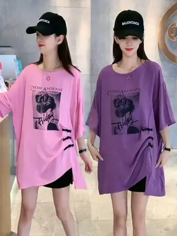 2023夏季新款字母印花T恤盘扣圆领时尚休闲百搭短袖上衣宽松显瘦商品大图