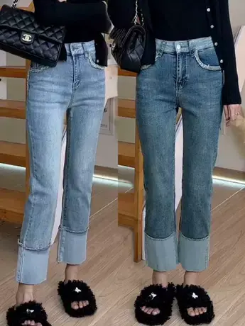 高腰卷边直筒牛仔裤女2023秋季新款九分裤小个子显瘦烟管裤ins潮商品大图