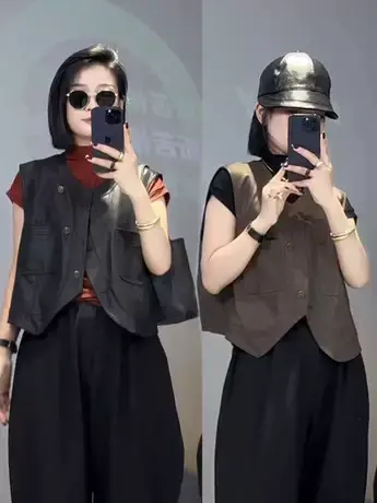 欧洲站马夹外套女装2023早秋新款复古不规则单排扣无袖坎肩马甲潮商品大图