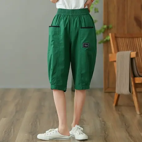 dza 高腰显瘦纯棉休闲裤女2023夏薄款五分裤哈伦裤宽松百搭直筒裤商品大图