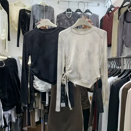 不规则侧边抽褶修身百搭气质晕染T恤女2023秋韩版弹力气质打底t潮图片