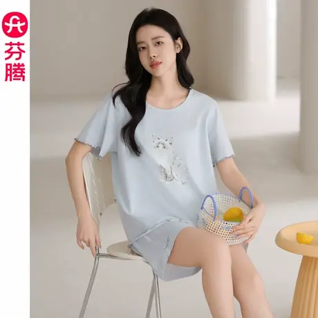芬腾夏季纯棉女睡衣短袖短裤薄款凉感休闲女款夏天大码家居服套装商品大图