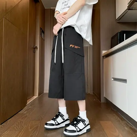 宽松直筒七分裤子男夏季薄款透气短裤男潮牌青少年黑色百搭工装裤商品大图