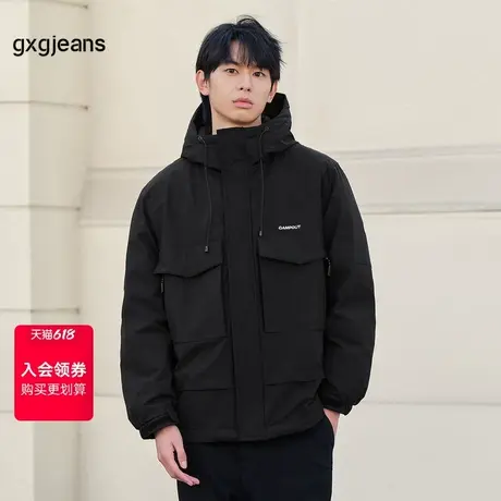 清仓gxgjeans男装冬季黑色大口袋短款连帽羽绒服男商品大图