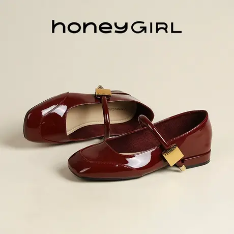 honeyGIRL红色玛丽珍鞋2025新款春春亮面浅口粗跟工作鞋通勤单鞋商品大图