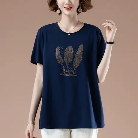 短袖t恤女夏季加肥加大码女装宽松中年妈妈纯棉洋气烫钻显瘦体恤商品大图