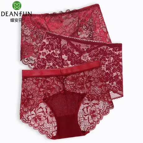3条蝶安芬蕾丝内裤女红色本命年新款抗菌纯棉裆性感无痕结婚短裤商品大图