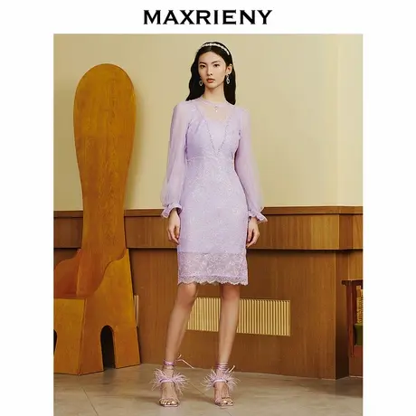 【奥莱】MAXRIENY复古感蕾丝连衣裙烟灰紫蕾丝裙子修身图片