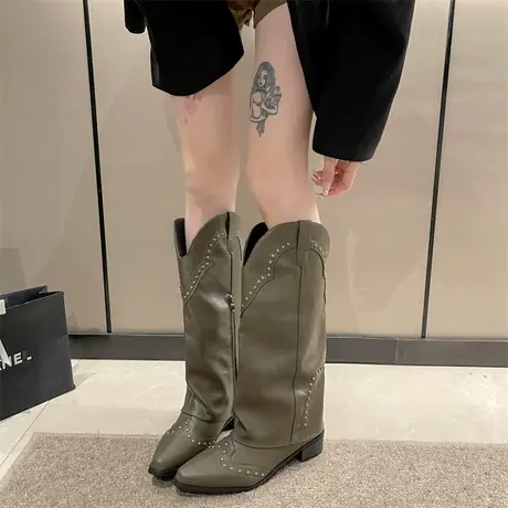 长筒靴女夏季2023年新款夏日复古粗跟显瘦单靴西部牛仔尖头堆堆靴图片