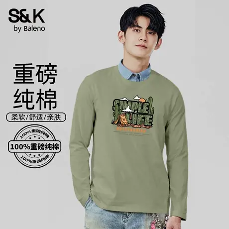 班尼路S&K系列抹茶绿圆领男长袖T恤2025秋季新款户外运动潮流男装图片