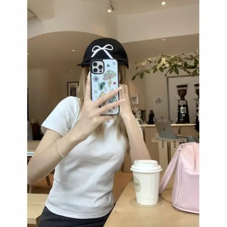 韩系简约百搭正肩短袖t恤女装2025夏季修身显瘦圆领纯色白色上衣图片