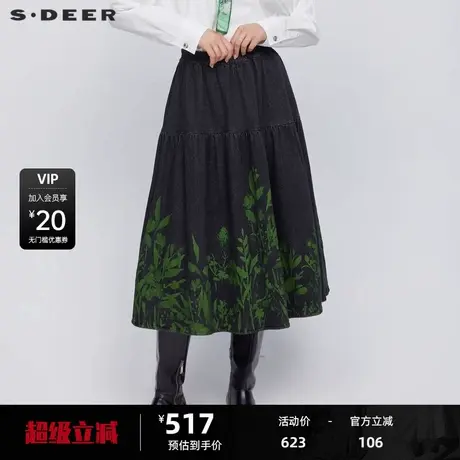 sdeer圣迪奥女装文艺复古高腰印花牛仔长裙S24361102图片