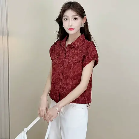 拉夏贝尔夏季短袖薄款印花小衫上衣女2025年新气质翻领单排扣衬衫商品大图