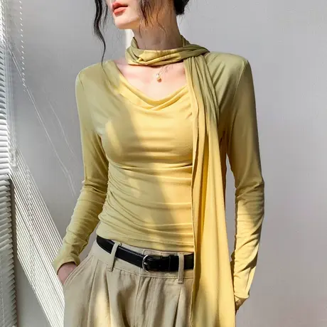 歌倍尚法式围脖长袖T恤女秋季新款修身显瘦纯色别致洋气小众上衣商品大图