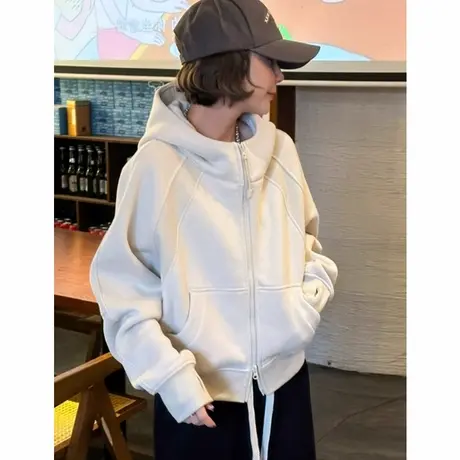 设计感连帽加绒卫衣开衫女欧洲站2024新款欧货女装加厚保暖外套潮商品大图