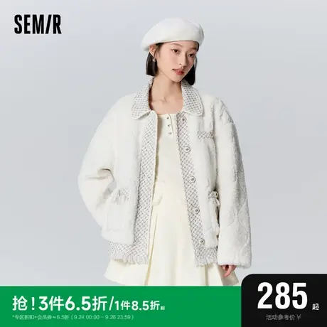 [预售]森马外套女翻领拼接毛绒毛边气质冬季2023新款宽松夹棉夹克图片