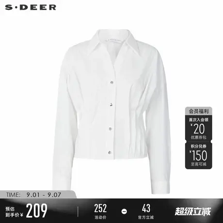 sdeer圣迪奥冬季女装OL风翻领压褶白色长袖衬衫S244Z0502图片