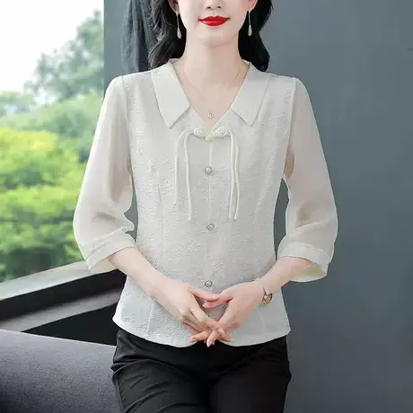 漂亮别致七分袖雪纺衬衫女夏装2025年新款时尚提花新中式短款小衫图片