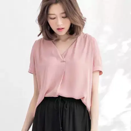 桔熊夏季简约OL风通勤宽松纯色V领短袖雪纺衫上衣女装大码AB3699图片