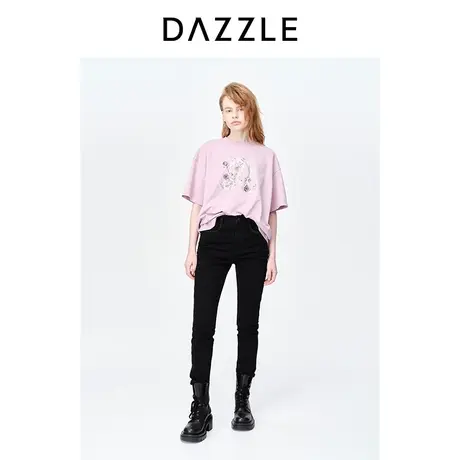 DAZZLE地素奥莱23春季新款黑色简约珠链装饰弹力修身小脚牛仔裤图片