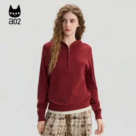 a02安可拉红连帽宽松毛衣女2025新款秋季开衫外套休闲设计感上衣商品大图