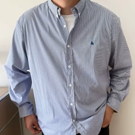 大依无忧大码男装春秋蓝色条纹宽松加肥加大男士长袖休闲衬衫衬衣商品大图