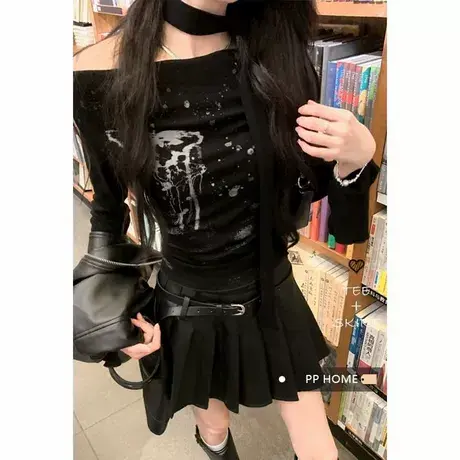 美式复古一字肩喇叭长袖T恤女秋冬修身设计感辣妹露肩上衣打底衫商品大图