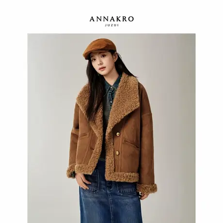 玖姿安娜蔻时髦美拉德翻领落肩短款仿皮毛一体外套女2025冬季新款图片