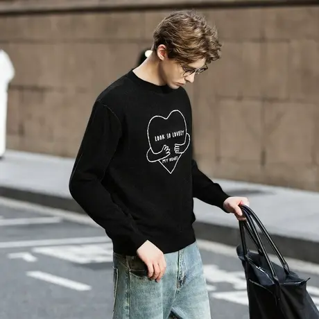 唐狮秋冬男圆领前胸大图案毛线衫高级设计感百搭休闲男毛衣TMTA图片