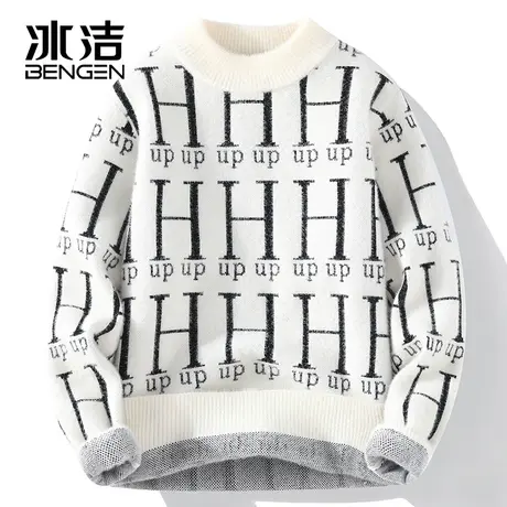 冰洁毛衣男半高领水貂绒秋冬加绒加厚毛线衣内搭打底针织衫ZC商品大图