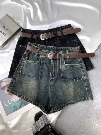 磨白复古大口袋牛仔短裤女2023秋季新款显示百搭高腰阔腿a字短裤图片