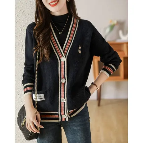 针织开衫女士秋冬2023新款学院风毛衣外套春秋拼色设计感宽松外搭图片