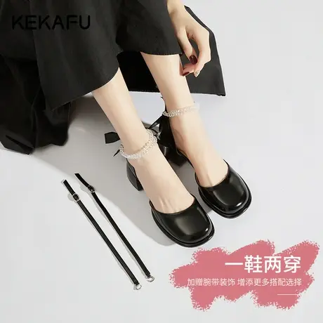 珂卡芙2023夏季新款粗跟单鞋法式高跟鞋女珍珠包头凉鞋女玛丽珍鞋图片