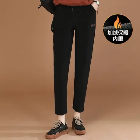 新品8.5折】刺绣仿羊绒加绒休闲裤子女黑色直筒西装裤厚图片
