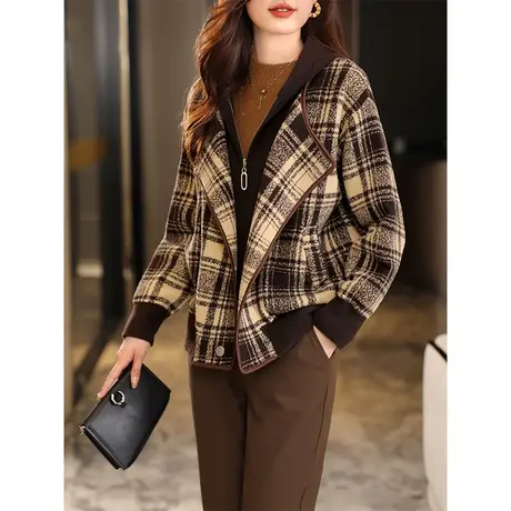 宝诗黎连帽假两件格子短款外套女2023春秋季新款外搭开衫时尚宽松商品大图