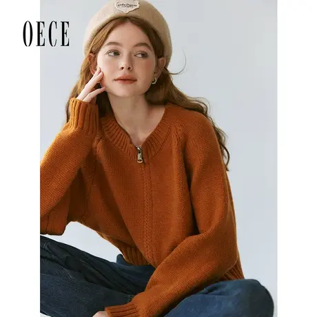 【双11新品】Oece复古毛针织衫开衫2023秋冬季新款极简风短外套商品大图
