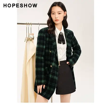红袖outlets绿色格纹翻领外套hopeshow2023冬款时尚短款西装西服商品大图