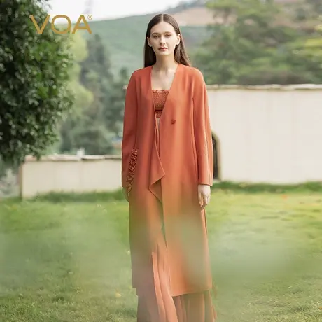 VOA51姆米重磅真丝一粒扣系带不对称贴布木耳花大口袋时尚风衣女商品大图