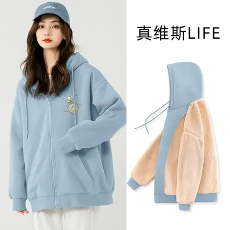 真维斯LIFE加绒连帽卫衣外套女2023秋冬新款韩系慵懒风拉链开衫潮商品大图