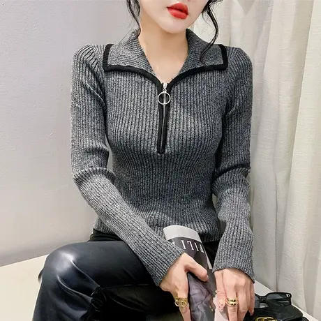 秋冬新款翻领针织衫长袖时尚减龄拉链拼接上衣洋气修身套头毛衣女图片