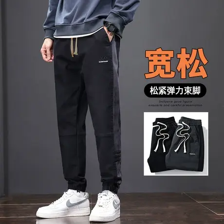 潮牌痞帅竖条纹日系港风哈伦休闲裤子秋冬季男款宽松紧腰束脚工装商品大图