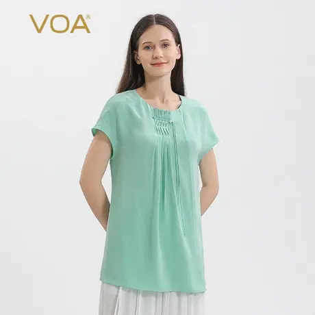VOA30姆米重磅桑蚕丝淡绿色圆领珍珠纽扣立体褶裥包袖宽松真丝T恤图片